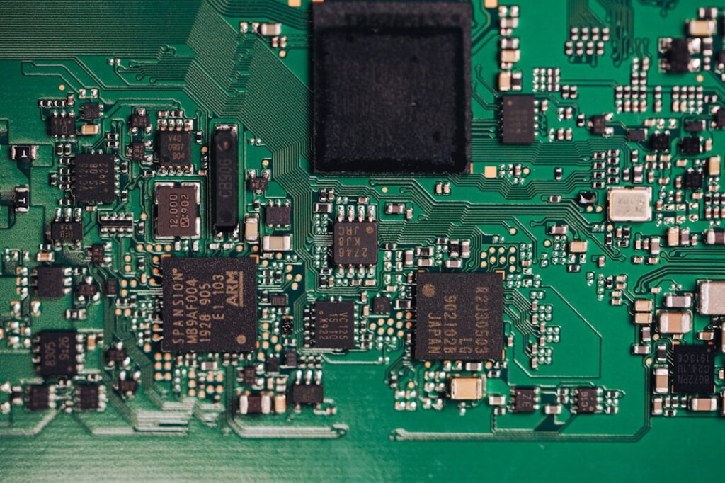 Close-up view of a complex electronic circuit board.