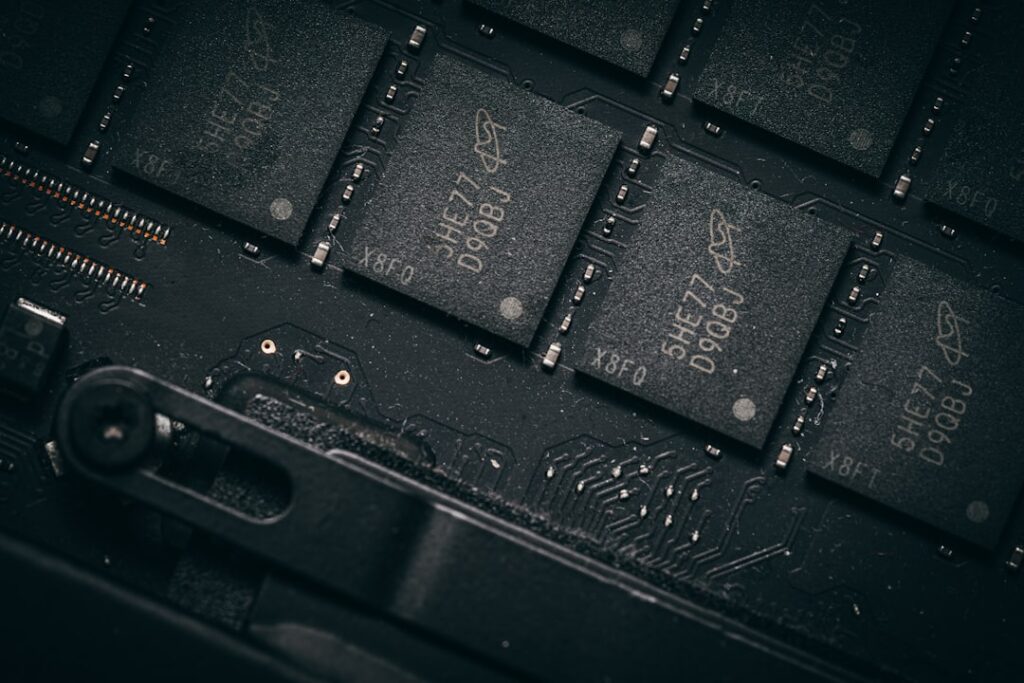 Close-up of computer memory chips on a circuit board